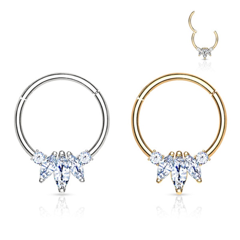 16g Three Marquise CZ 14k Gold Hinged Ring 16g – 5/16″ diameter (8mm) Clear Yellow 14k Gold
