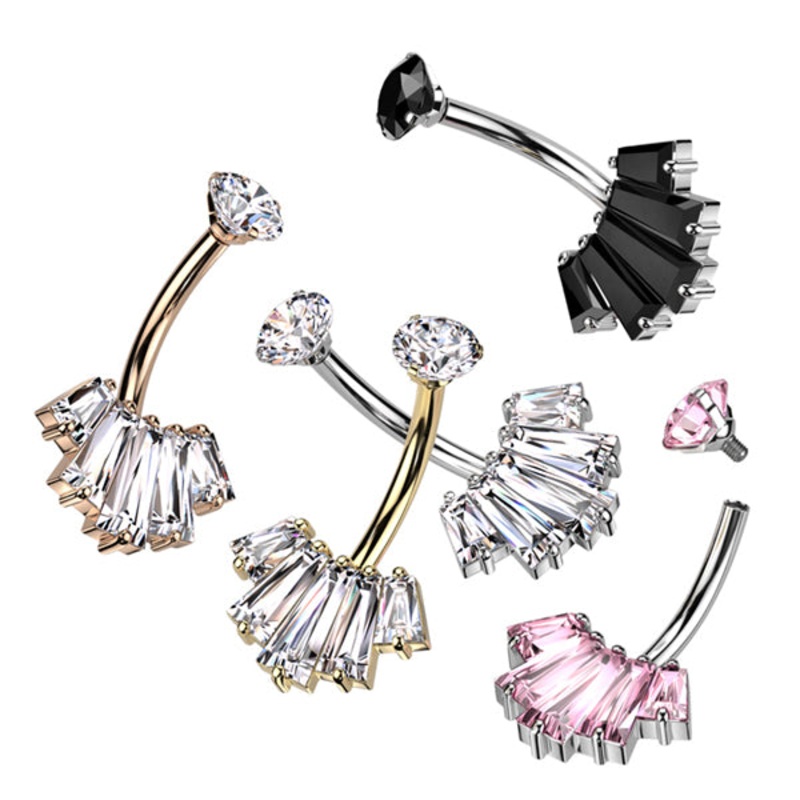 Baguette CZ Fan Belly Ring 14g – 3/8″ long (10mm) Clear Gold Stainless