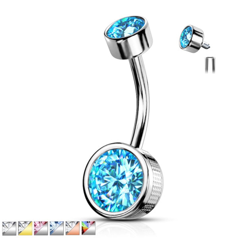Bezel CZ Stamped Belly Ring 14g – 3/8″ long (10mm) Clear Gold Stainless