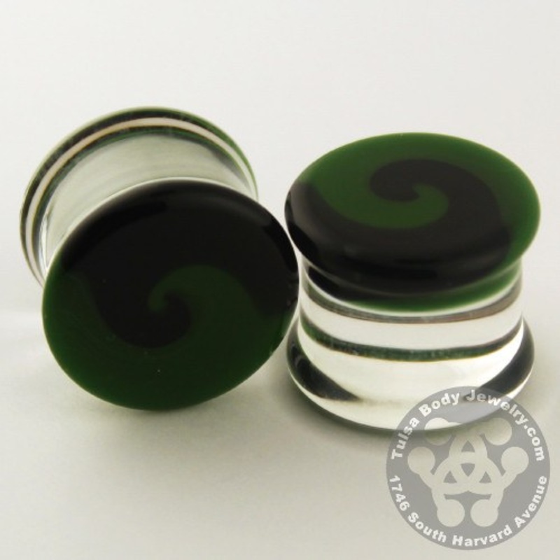 Black & Green Swirl Plugs by Glasswear Studios 6 gauge (4mm) Black Green Pair