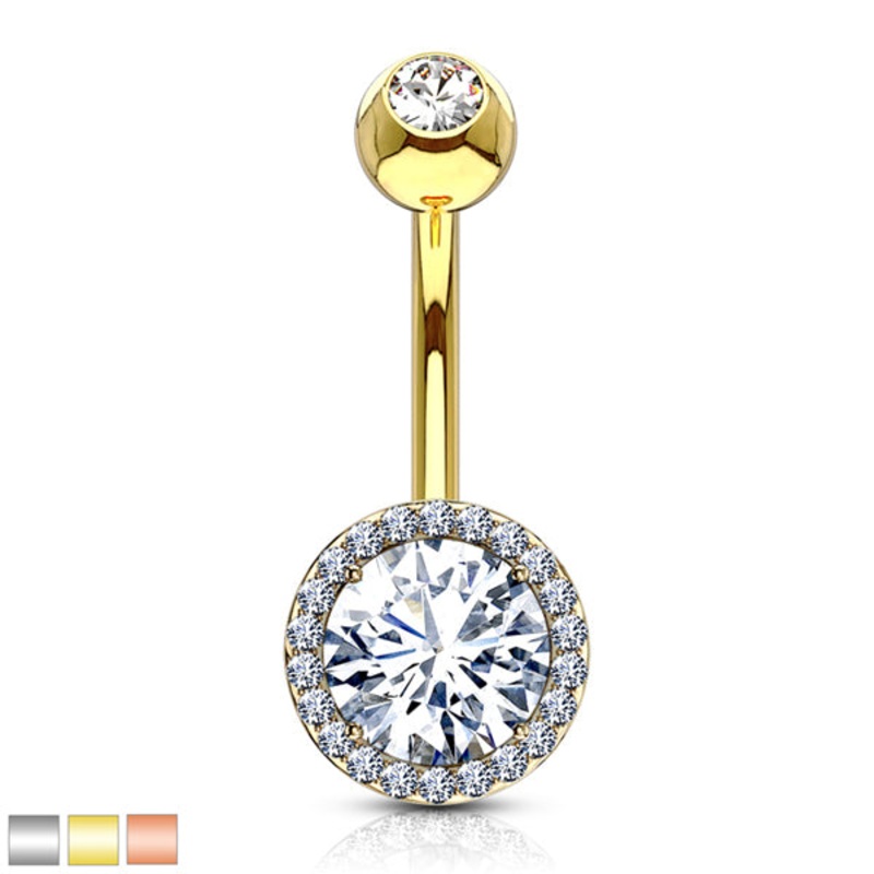 Center CZ Belly Ring 14g – 3/8″ long (10mm) Clear Gold Stainless
