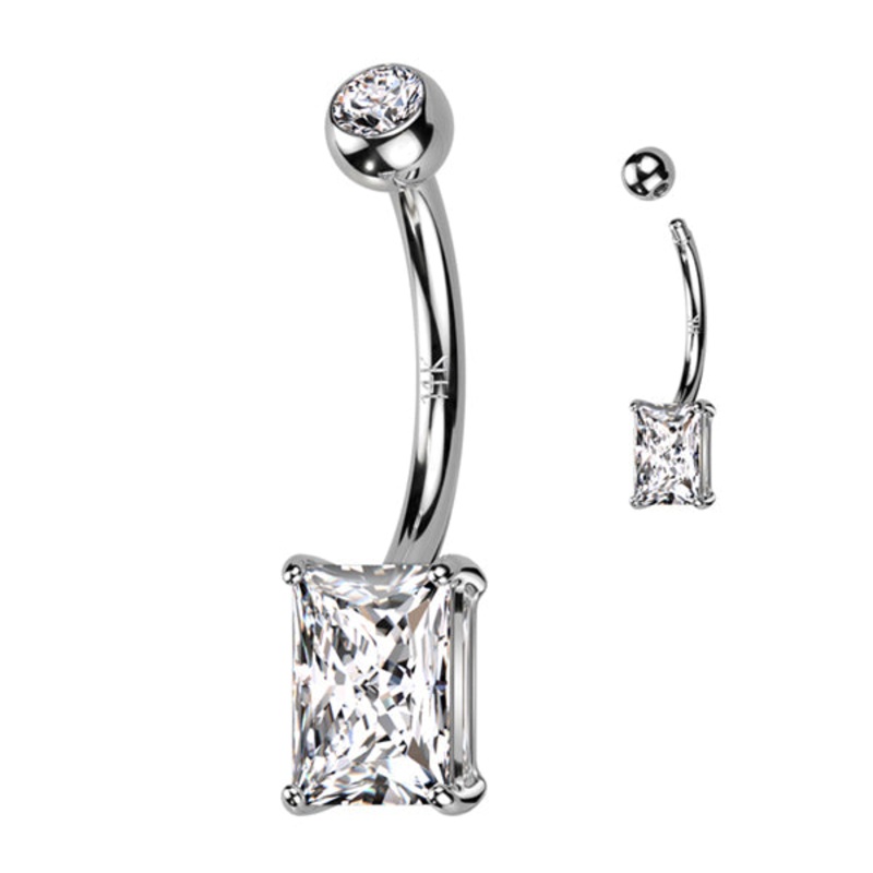 CZ Baguette White 14k Gold Belly Barbell 14 gauge – 3/8″ long (10mm) Clear White 14k Gold