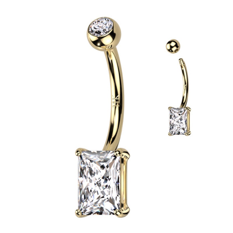 CZ Baguette Yellow 14k Gold Belly Barbell 14 gauge – 3/8″ long (10mm) Clear Yellow 14k Gold