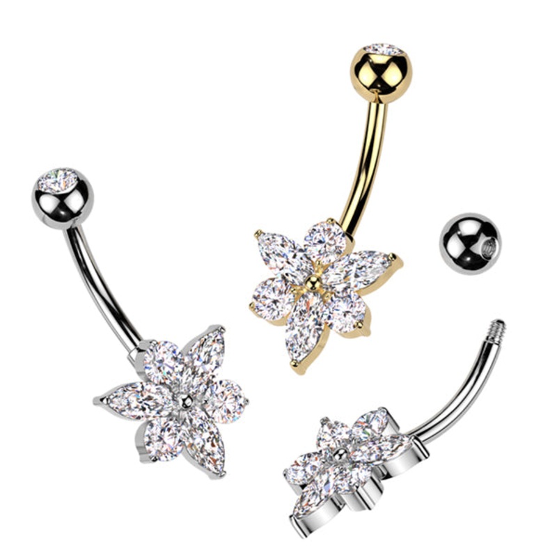 Marquise Flower Belly Ring 14g – 3/8″ long (10mm) Clear Gold Titanium