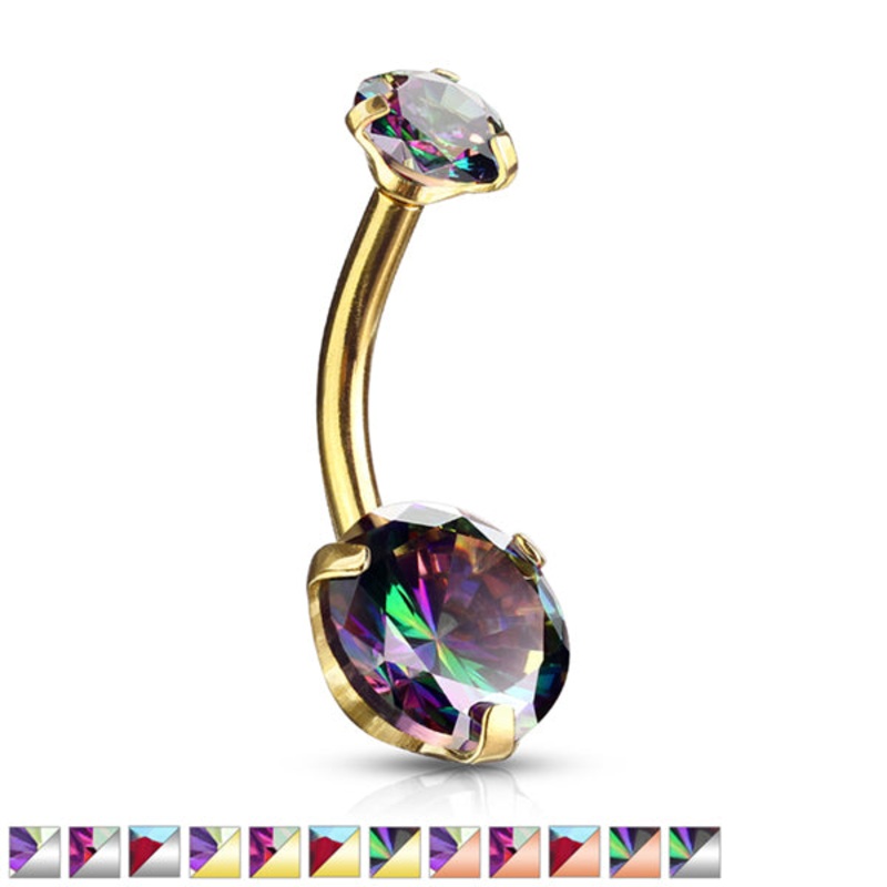 Round CZ Prong Belly Ring 14g – 3/8″ long (10mm) Aurora Borealis Stainless Steel