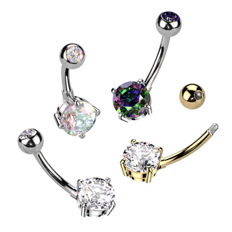 Round CZ Titanium Belly Barbell 14g – 3/8″ long (10mm) Clear Gold Titanium