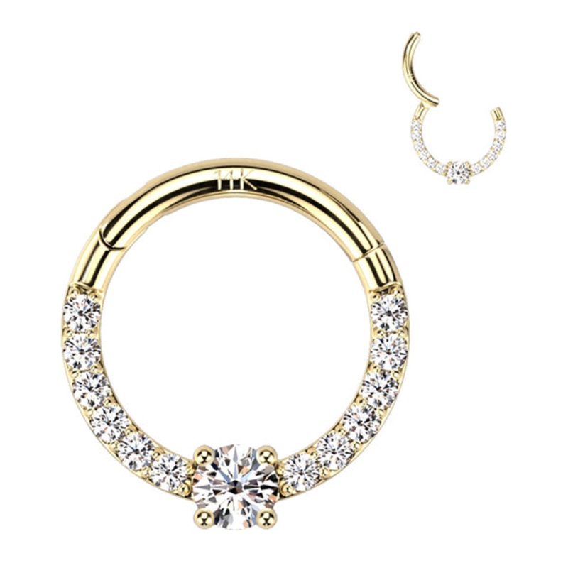 16g CZ Solitaire Front 14k Gold Hinged Ring 16g – 5/16″ diameter (8mm) Clear Yellow 14k Gold