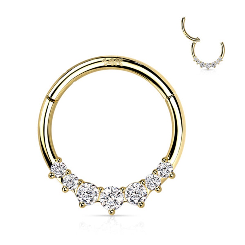 16g CZ Tiara 14k Gold Hinged Ring 16g – 5/16″ diameter (8mm) Clear Yellow 14k Gold