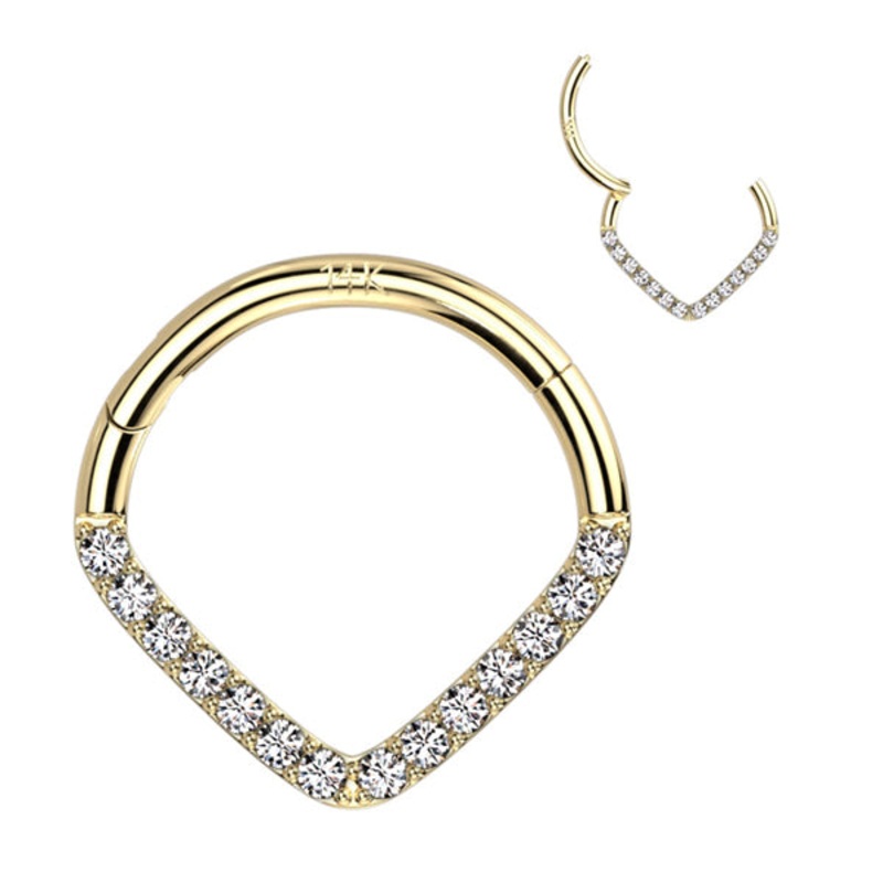 16g CZ V-Shaped 14k Gold Hinged Ring 16g – 3/8″ diameter (10mm) Clear Yellow 14k Gold