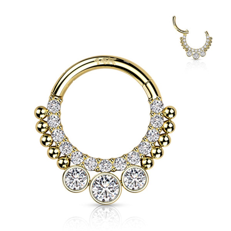 16g Triple CZ Beaded 14k Gold Hinged Ring 16g – 5/16″ diameter (8mm) Clear Yellow 14k Gold