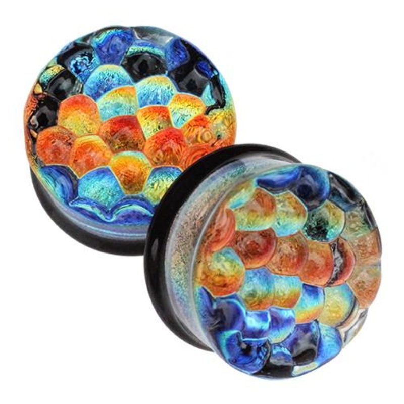 Rainbow Foil Bubble Textured Plugs by Glasswear Studios 3/4 inch (19mm) Rainbow Pair