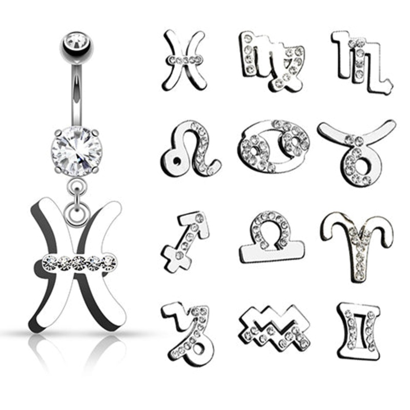 Zodiac Sign Belly Dangle 14g – 3/8″ long (10mm) Clear Aquarius