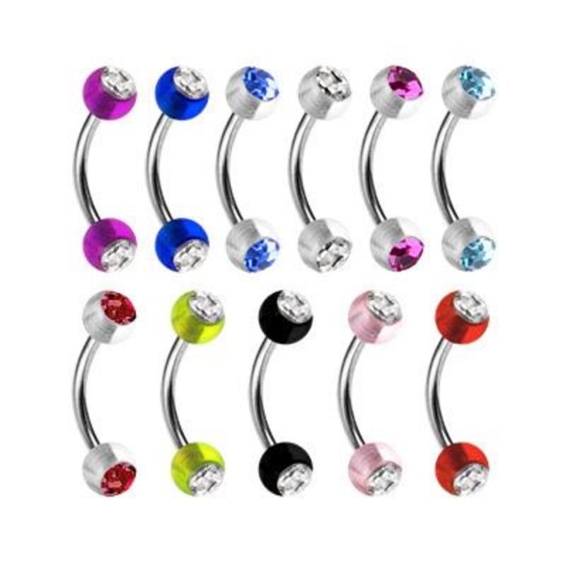 16g Acrylic CZ Curved Barbell 16g – 5/16″ long (8mm) Clear w/ Dark Blue CZs