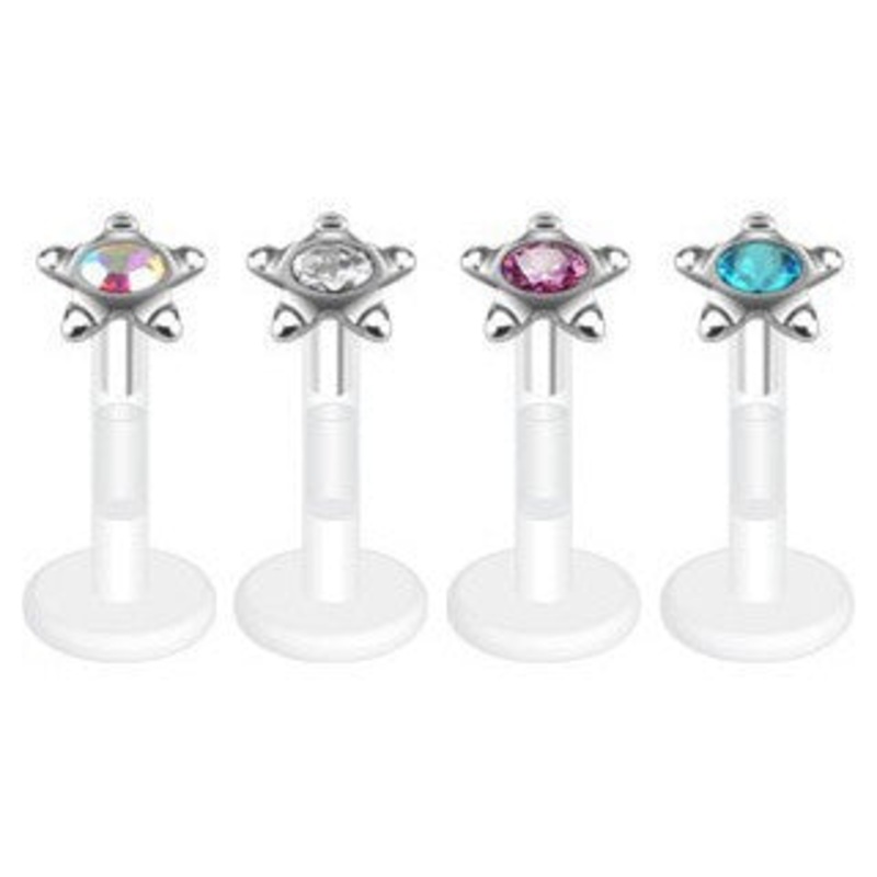 16g Bioflex Push-in Star CZ Labret 16 gauge – 5/16″ long Clear Clear Bioflex
