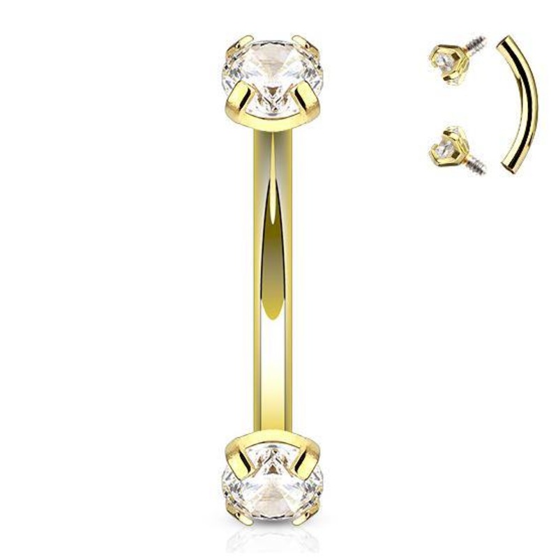 16g Prong CZ Gold Curved Barbell 16g – 5/16″ long (8mm) Clear Gold Stainless