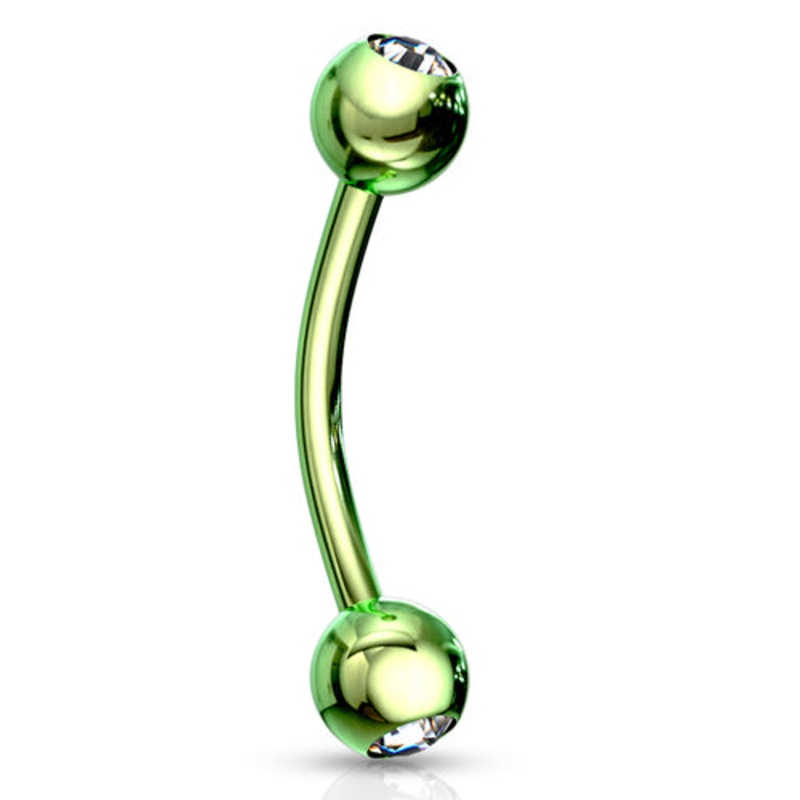 16g PVD Coated CZ Curved Barbell 16g – 5/16″ long (8mm) – 3mm balls Clear Green Stainless