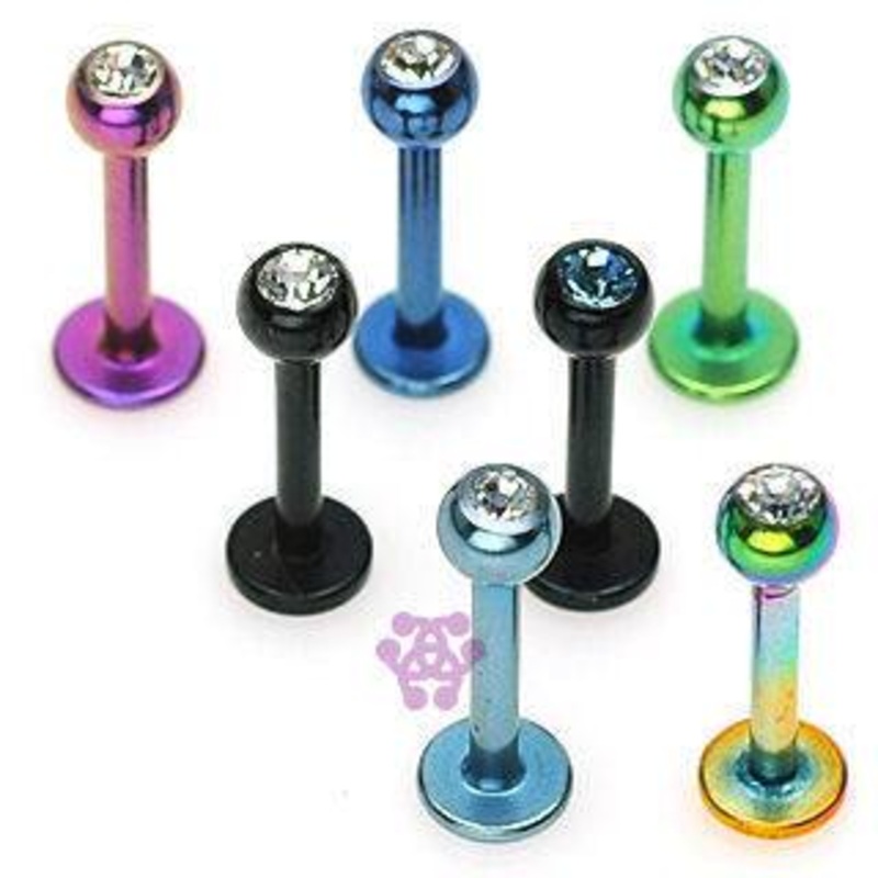 16g PVD Coated CZ Labret 16g – 5/16″ long (8mm) – 3mm ball Blue Stainless