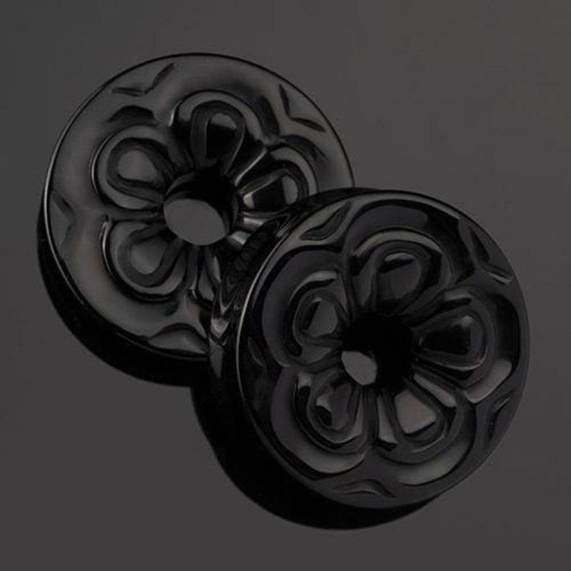Black Obsidian Flower Tunnels by Diablo Organics 5/8 inch (16mm) Black Obsidian Pair