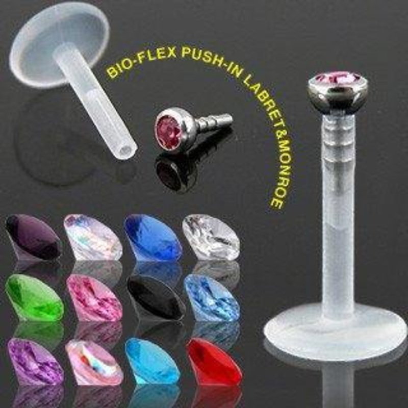 14g Bioflex Push-in Microgem Labret 14g – 3/8″ long (10mm) Bright Red Clear Bioflex