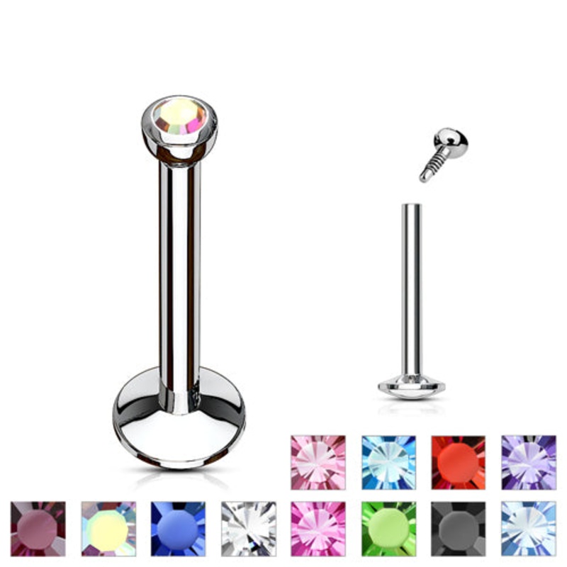 16g Microgem Stainless Labret 16g – 1/4″ long (6mm) – 2mm CZ Aqua Stainless Steel
