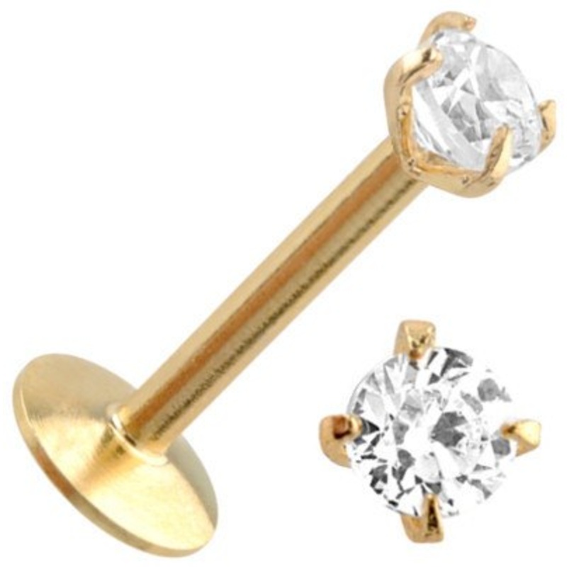 16g Prong-set CZ Gold Labret 16g – 1/4″ long (6mm) – 2mm cz Clear Gold Stainless