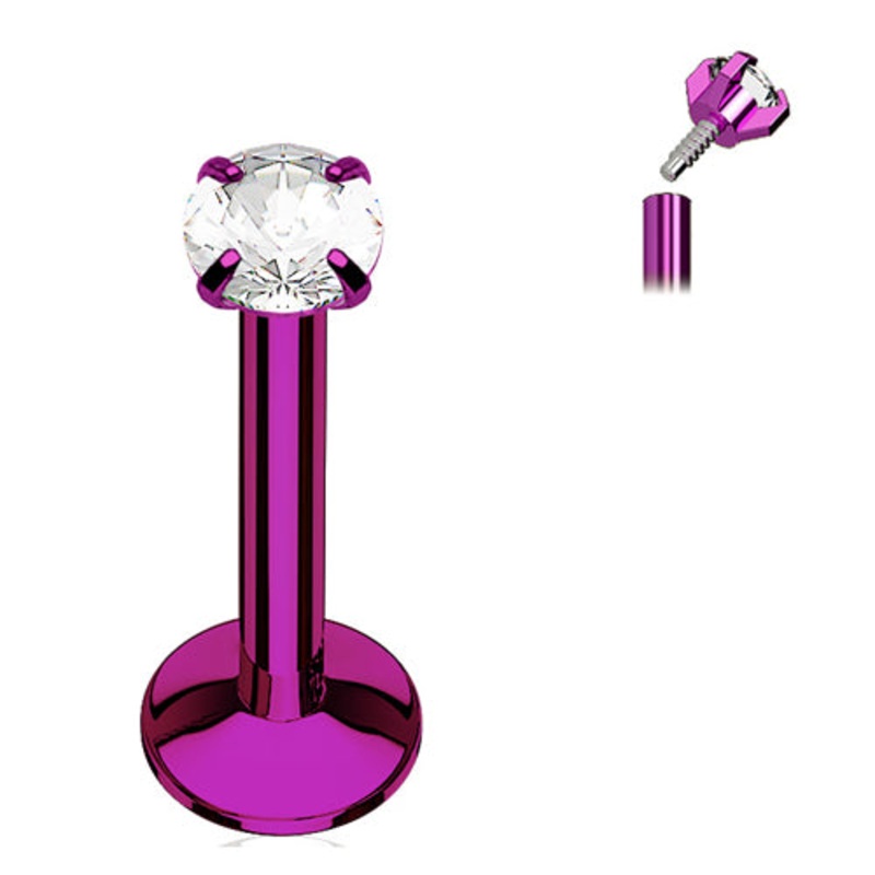 16g Prong-set CZ PVD Coated Labret 16g – 1/4″ long (6mm) – 2mm cz Clear Black Stainless