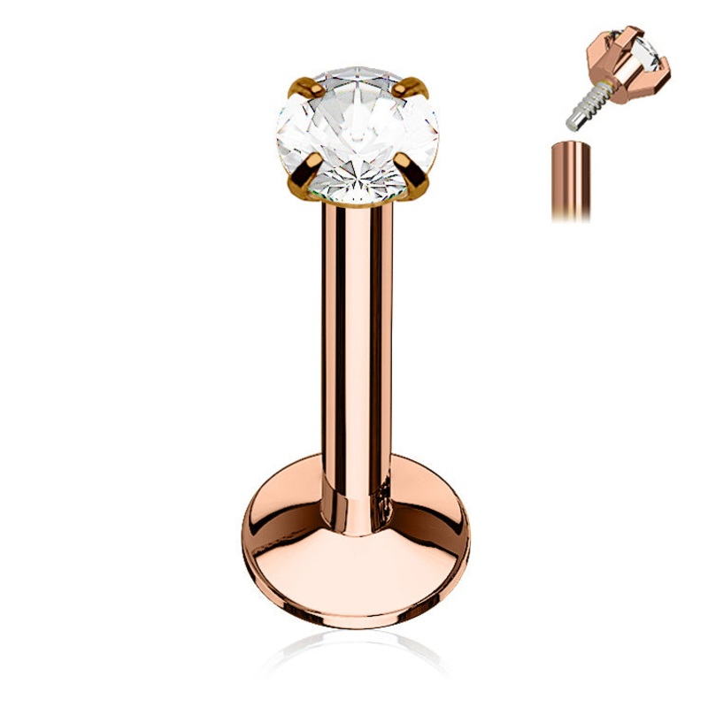 16g Prong-set CZ Rose Gold Labret 16g – 1/4″ long (6mm) – 2mm CZ Clear Rose Gold Stainless
