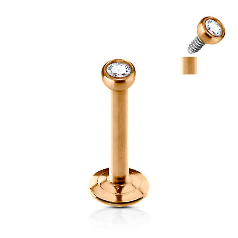 18g Microgem Rose Gold Labret 18g – 5/16″ long (8mm) Clear Rose Gold Stainless