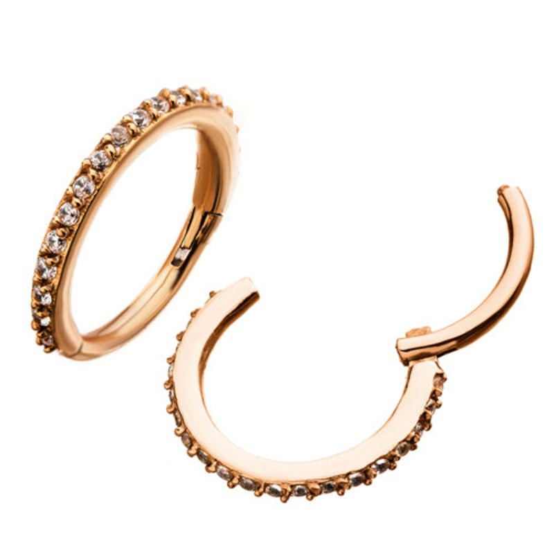 CZ Paved Rose Gold Hinged Ring 16g – 5/16″ diameter (8mm) Rose Gold Stainless