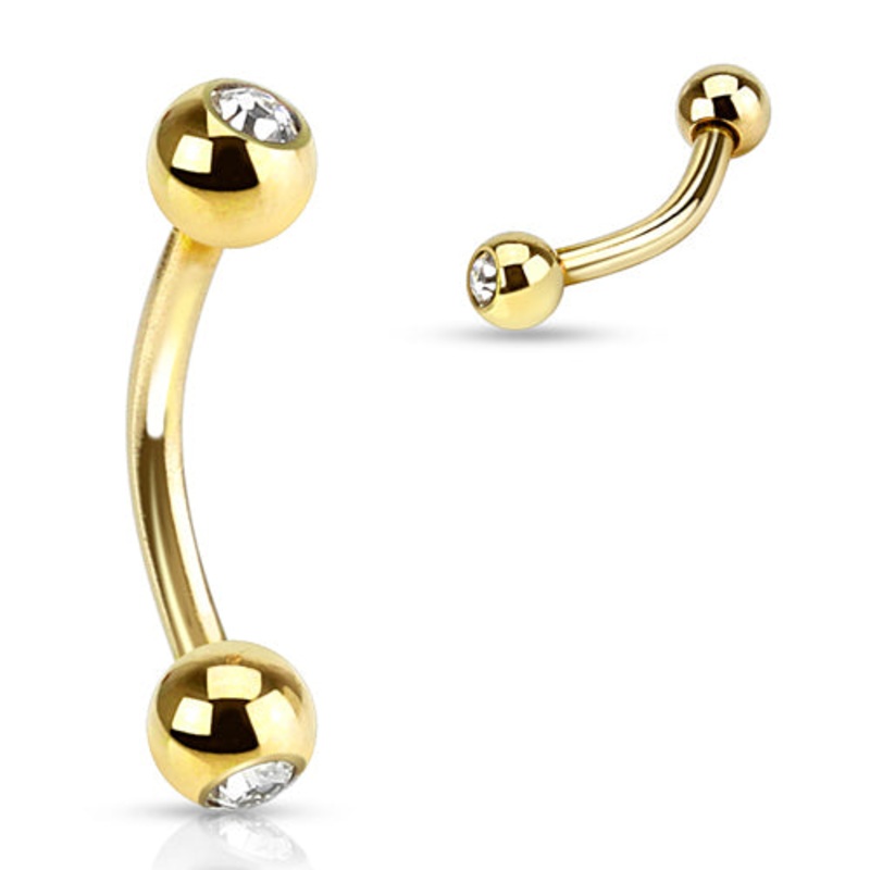 16g Gold CZ Curved Barbell 16g – 5/16″ long (8mm) – 3mm balls Clear Gold Stainless