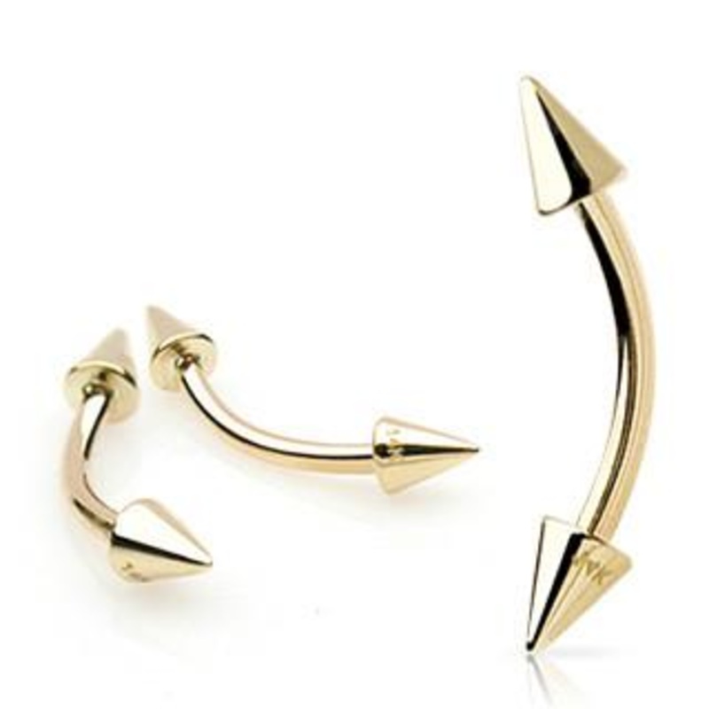 16g Spiked Yellow 14k Gold Curved Barbell 16g – 5/16″ long (8mm) Yellow 14k Gold