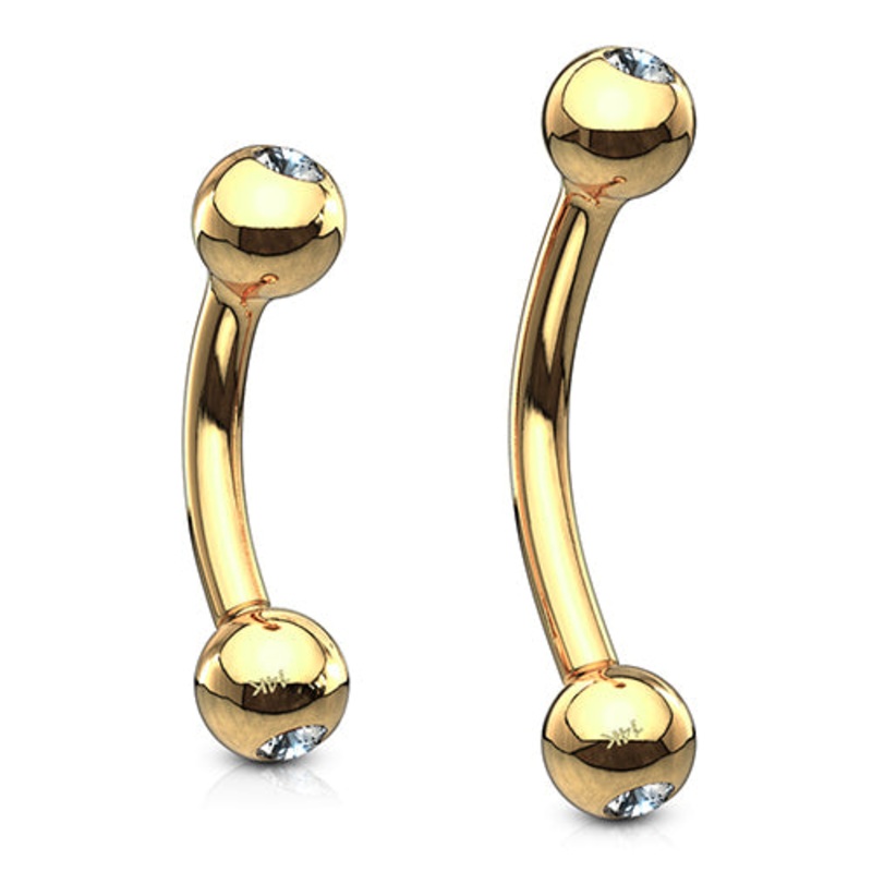 16g Yellow 14k Gold CZ Curved Barbell 16g – 5/16″ long (8mm) – 3mm balls Clear Yellow 14k Gold
