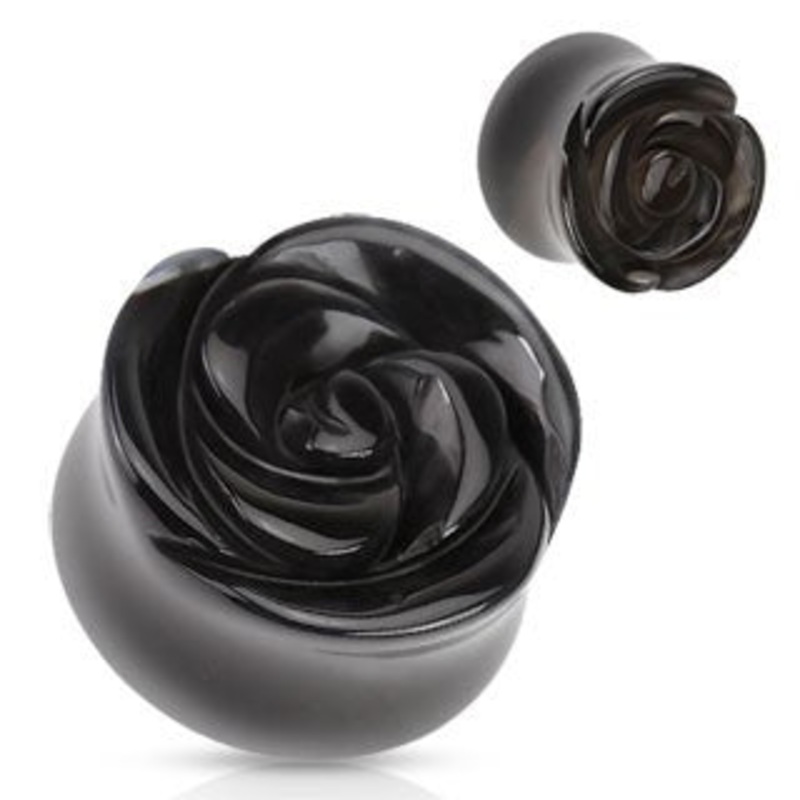 Black Agate Rose Plugs 0 gauge (8mm) Black Agate Pair