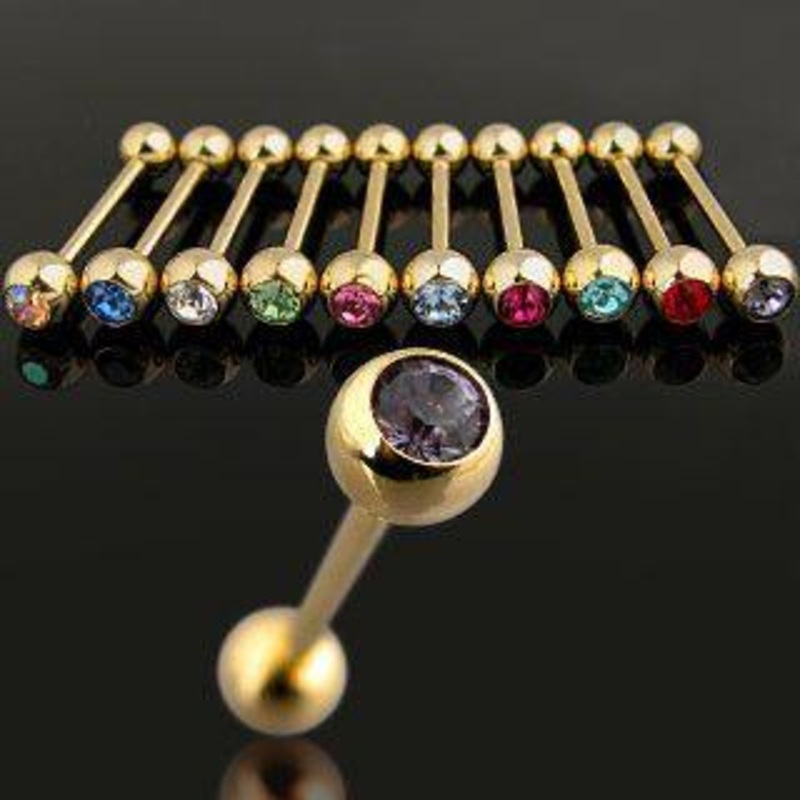 CZ Gold Tongue Barbell 14g – 5/8″ long (16mm) Aqua Gold Stainless