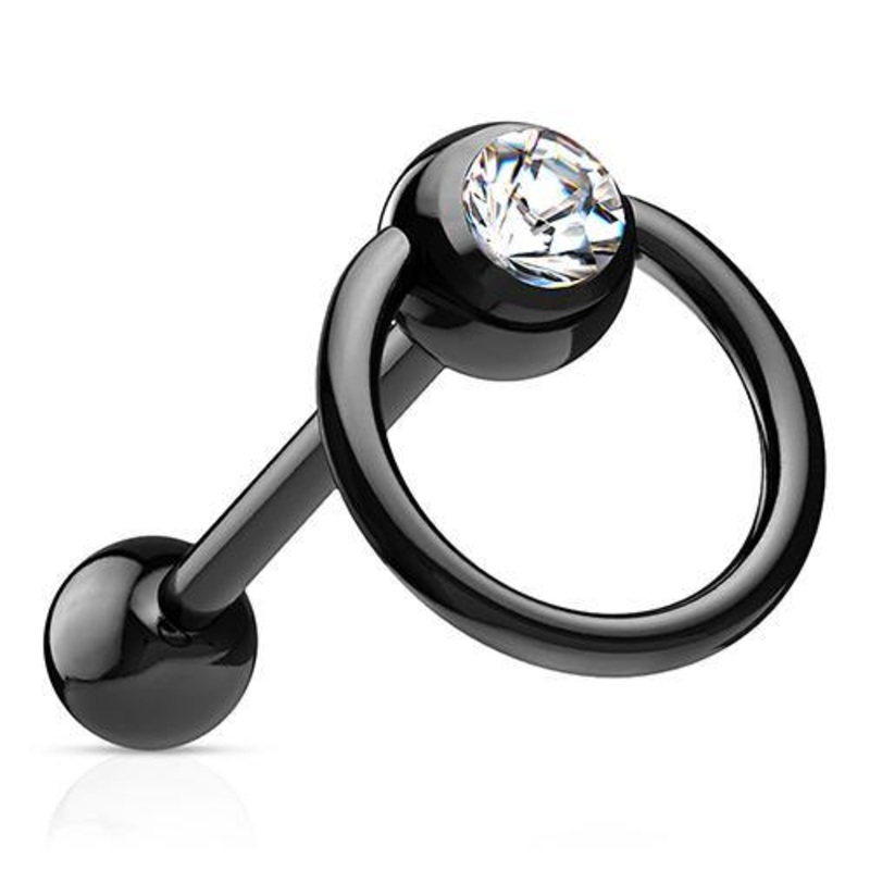CZ PVD Coated Tongue Knocker 14g – 5/8″ long (16mm) Clear Black Stainless