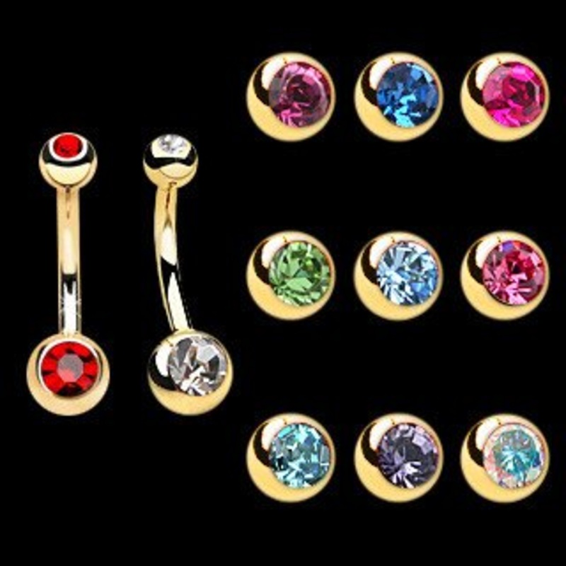 Mini Double CZ Gold Belly Barbell 14g – 3/8″ long (10mm) – 4&6mm balls Aqua Gold Stainess