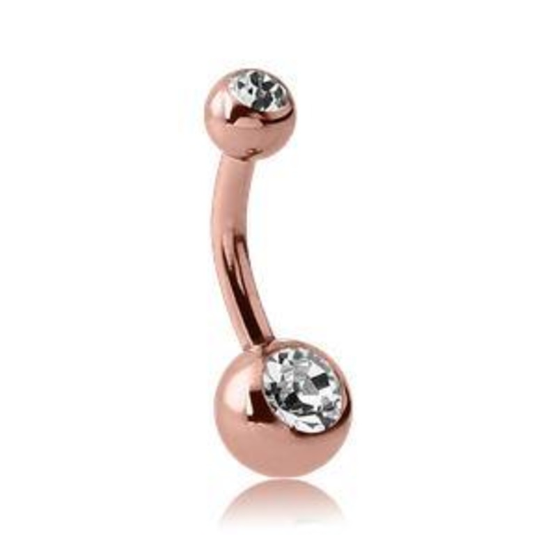 Mini Double CZ Rose Gold Belly Barbell 14g – 3/8″ long (10mm) – 4&6mm balls Clear Rose Gold Stainless