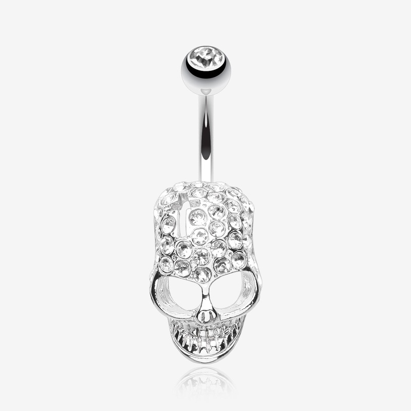 Cross Gem Paved Hardcore Skull Belly Button Ring