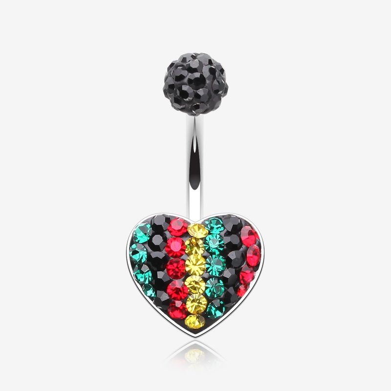 Rasta Jamaican Multi-Gem Sparkle Heart Belly Button Ring