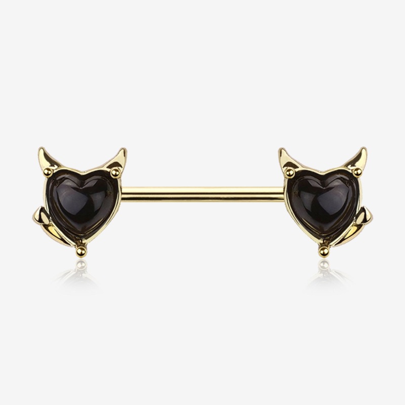 A Pair of Golden Devil Heart Sparkle Nipple Barbell
