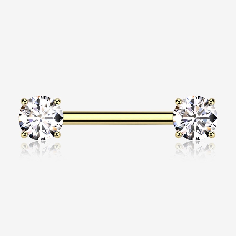 A Pair of Implant Grade Titanium Golden OneFit Threadless Prong Gem Sparkle Nipple Barbell 14 GA (1.6mm), 1/2″ (12mm)