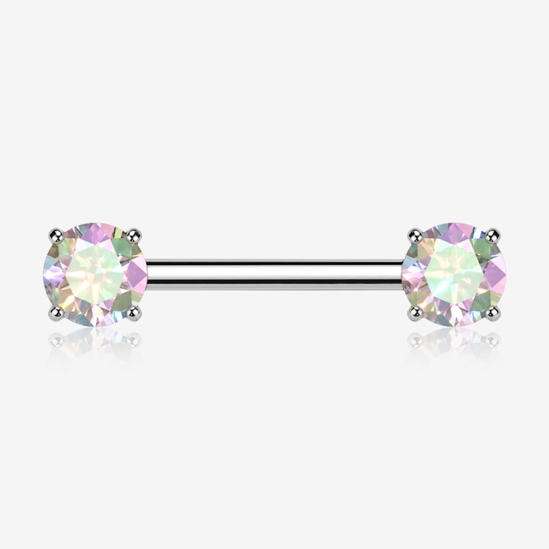 A Pair of Implant Grade Titanium OneFit Threadless Prong Gem Sparkle Nipple Barbell 14 GA (1.6mm), 1/2″ (12mm)