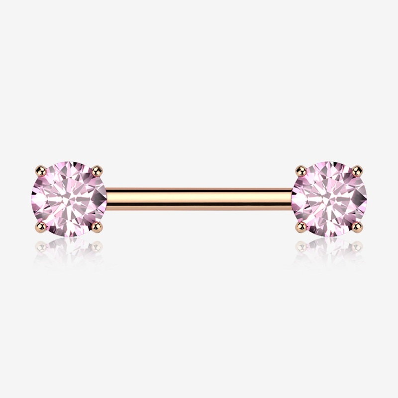 A Pair of Implant Grade Titanium Rose Gold OneFit Threadless Prong Gem Sparkle Nipple Barbell 14 GA (1.6mm), 1/2″ (12mm)