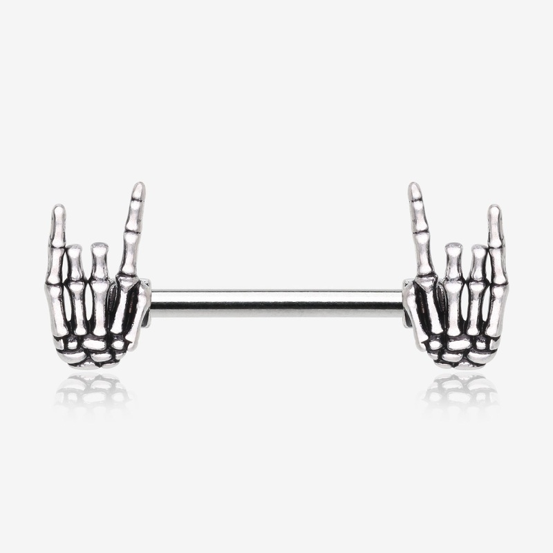 A Pair of Rock On Skeleton Hands Steel Nipple Barbell 14 GA (1.6mm), 1/2″ (12mm)