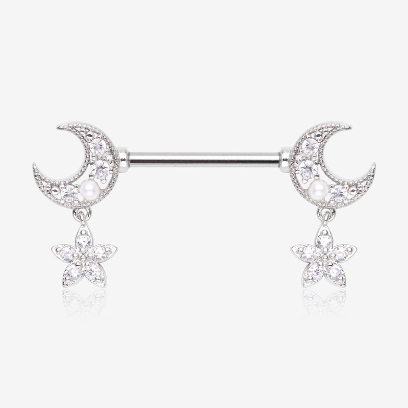 A Pair of Sparkle Crescent Moon Twinkle Dangle Nipple Barbell 14 GA (1.6mm), 1/2″ (12mm)