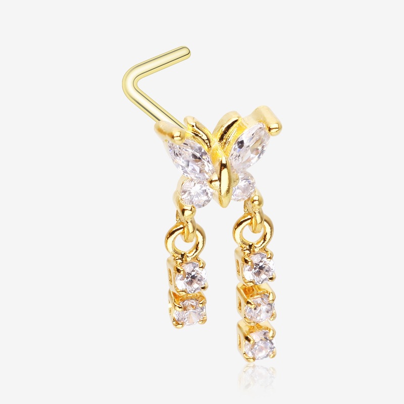 Golden Butterfly Sparkle Dangle Gem Drop L-Shaped Nose Ring