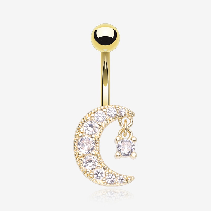 Golden Crescent Moon Dainty Sparkle Belly Button Ring