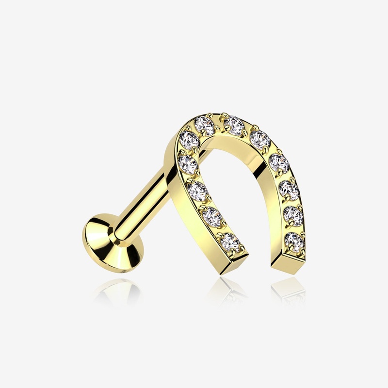 Golden Lucky Charm Sparkle Horseshoe Threadless Flat Back Stud Labret 18 GA (1mm), 5/16″ (8mm)