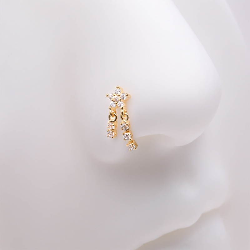 Golden Sparkle Flower Dangle Gem Drop L-Shaped Nose Ring