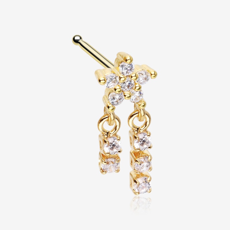 Golden Sparkle Flower Dangle Gem Drop Nose Stud Ring